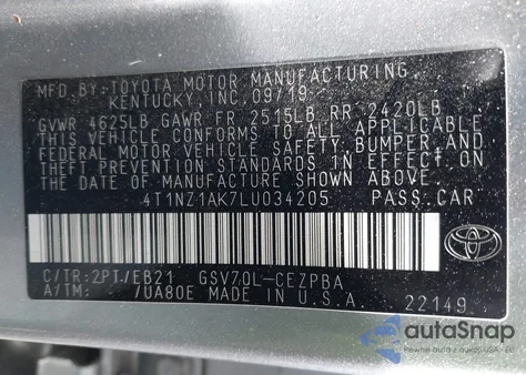 2020 Toyota Camry Trd z USA, uszkodzony, nr VIN 4T1NZ1AK7LU034205